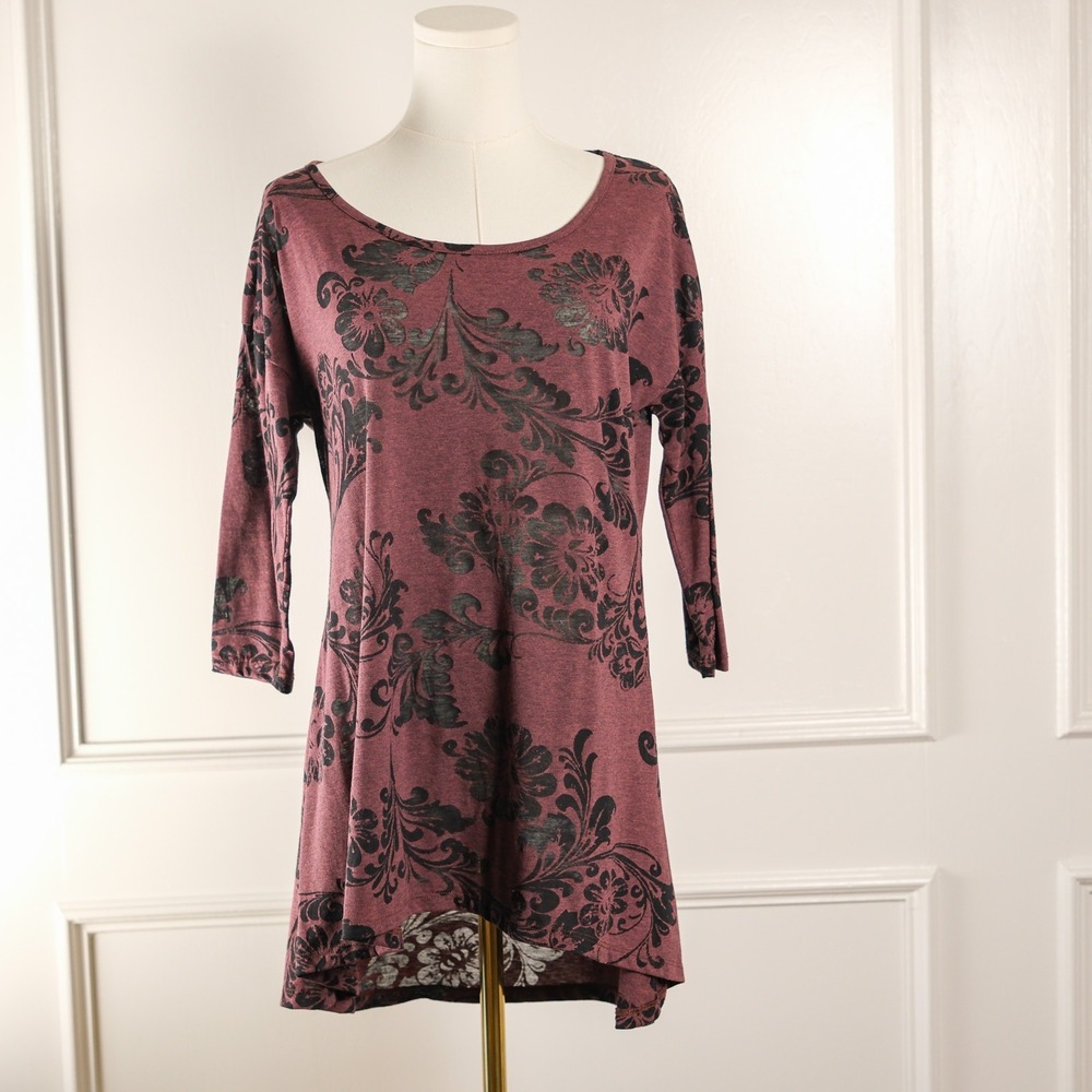 Peruvian Connection Tunic Womens Floral Damask High Low M Burgundy